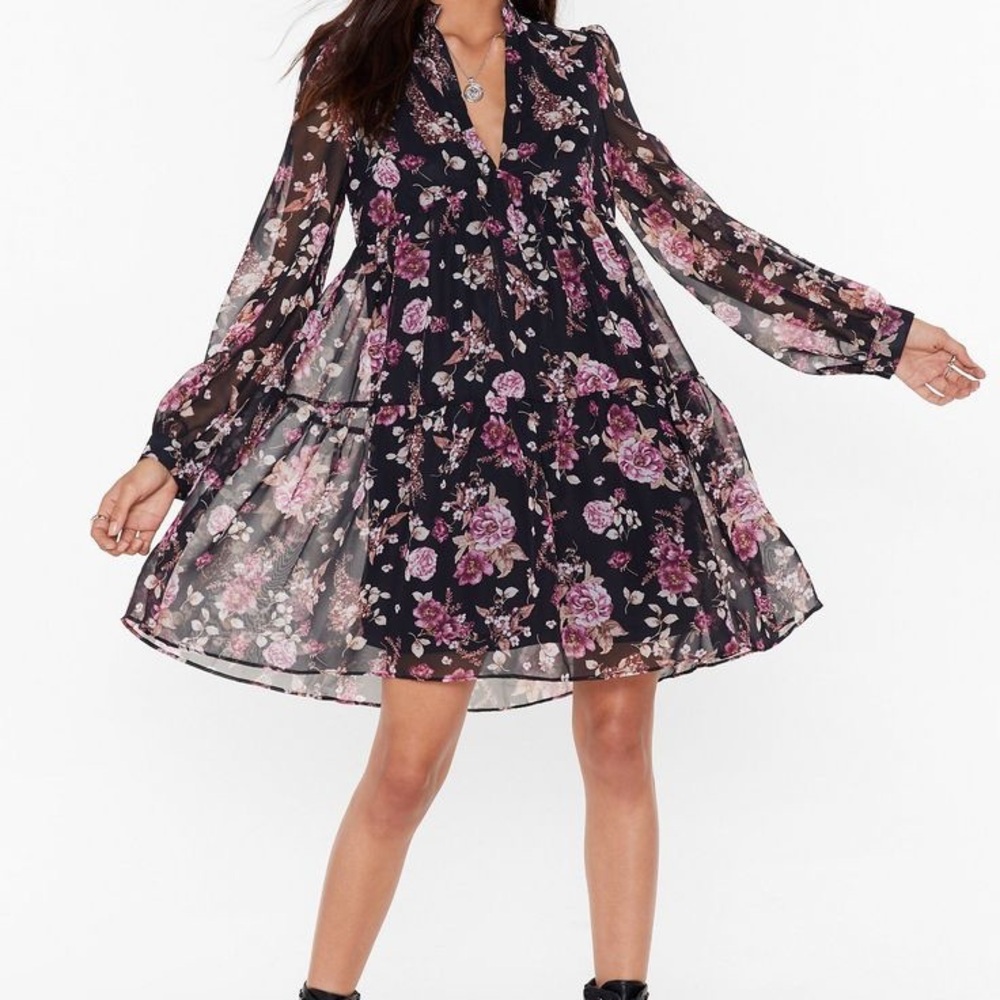 RW&CO. Black and Pink Floral Long Sleeve Dress